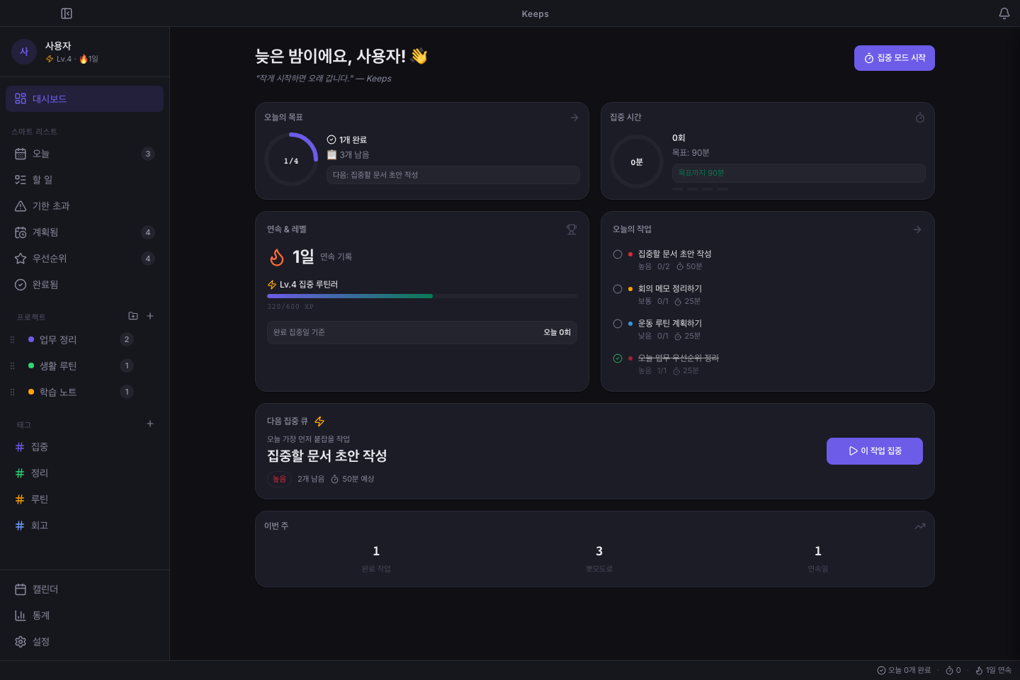 Keeps 대시보드에서 오늘 할 일, 집중 시간, 다음 집중 작업을 보는 화면
